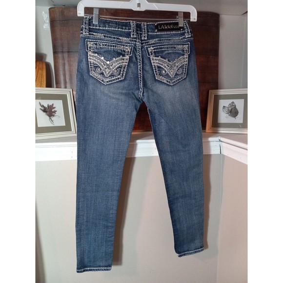 L.A.  idol Womens Juniors Distressed‎ Embroidered Rhinstones Skinny Jeans Size 7 - Picture 12 of 13